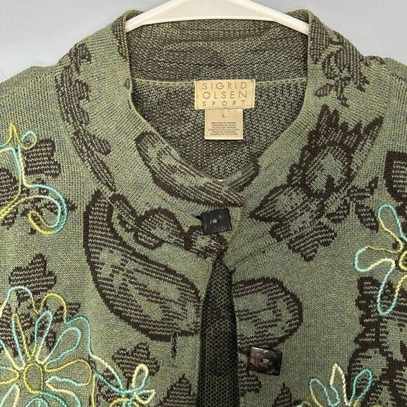 Sigrid Olsen Sport Green Floral Embroidered Cardigan Sweater Large - Picture 7 of 8